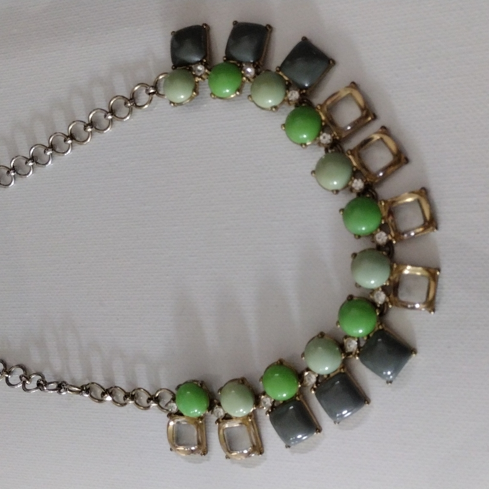 J.Crew chain and linked bead medallions and diamonds necklace.